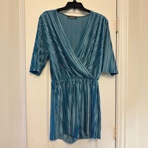 Elegant Blue Velvet Pleated Romper